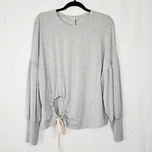 Zara Puff Sleeve Tie Front Sweatshirt Size L Lightweight Cutout Pullover NEW